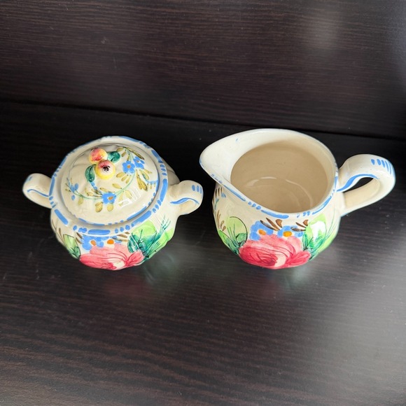 Floral Cream and Sugar Set Painted Made in Italy Cream Blue Pink Collectible - Picture 5 of 9
